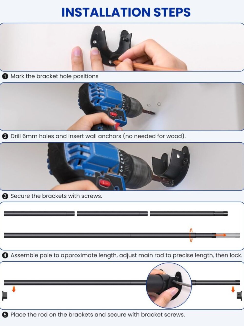 Closet Rods for Hanging Clothes, 17 to 84 Inches Stepless Adjustable Metal Close - Picture 8 of 9
